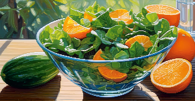 A colorful salad bowl with leafy greens, oranges, and nuts on a wooden table next to a glass of cucumber-infused water, illuminated by soft sunlight.