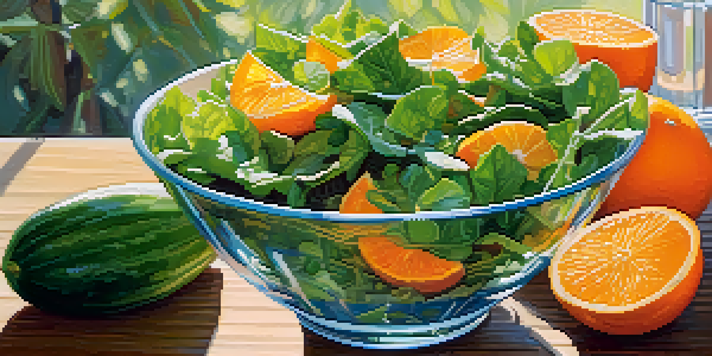 A colorful salad bowl with leafy greens, oranges, and nuts on a wooden table next to a glass of cucumber-infused water, illuminated by soft sunlight.