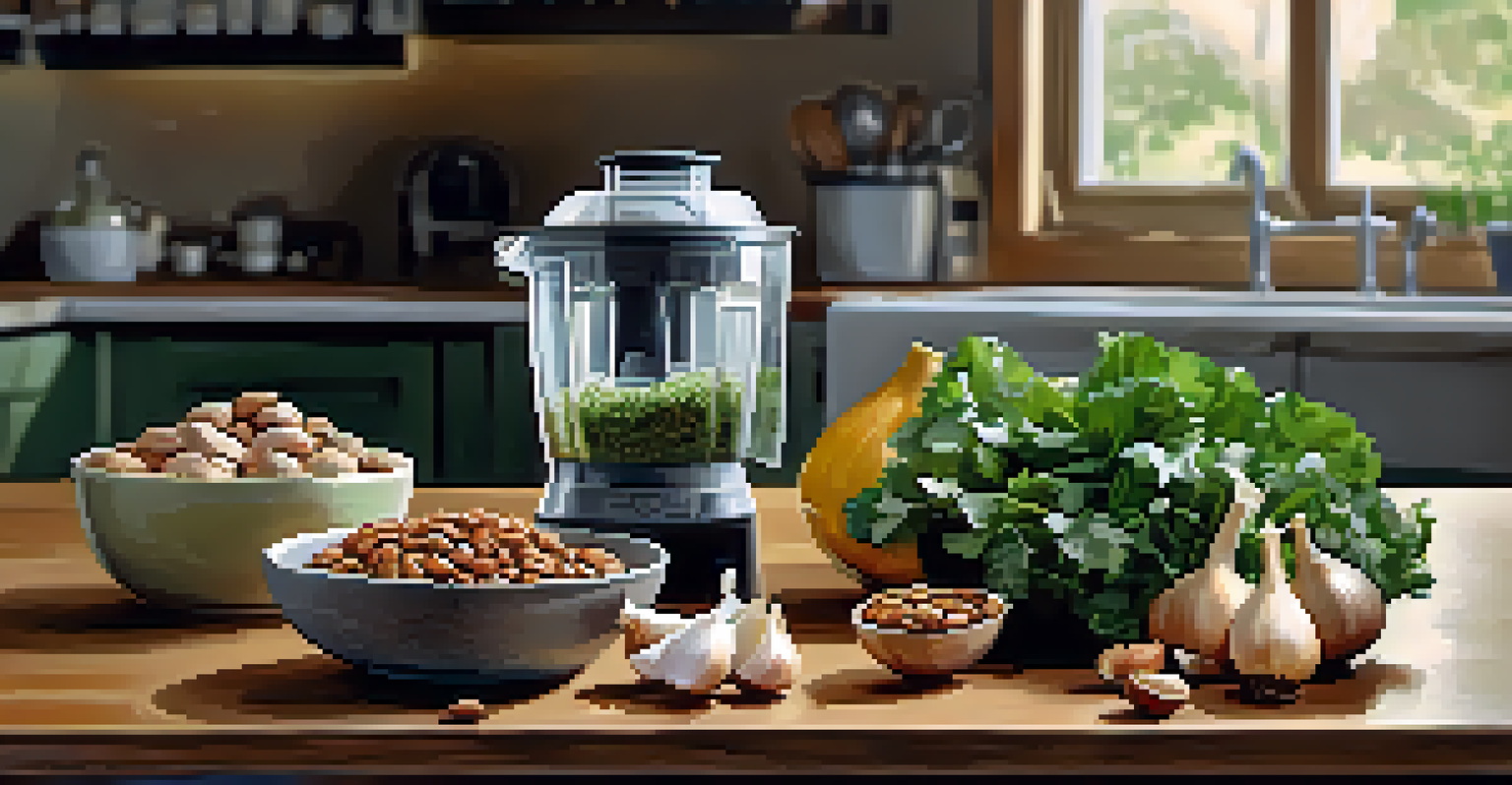 A kitchen counter with raw ingredients like garlic and greens, alongside a blender and a bowl of mixed nuts, all warmly lit.