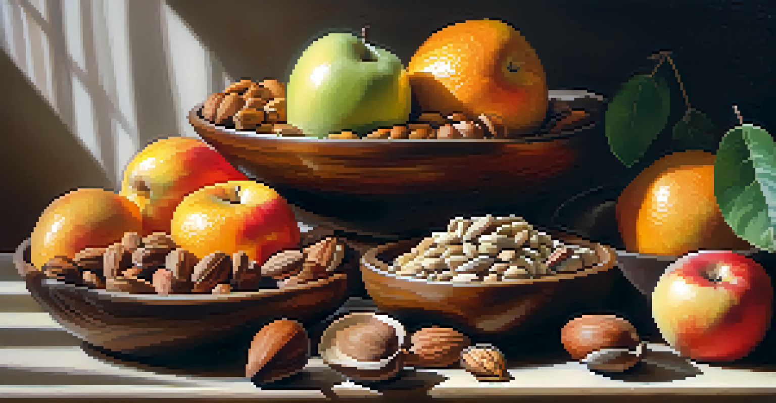 An artistic arrangement of raw nuts and seeds in wooden bowls alongside fresh fruits.