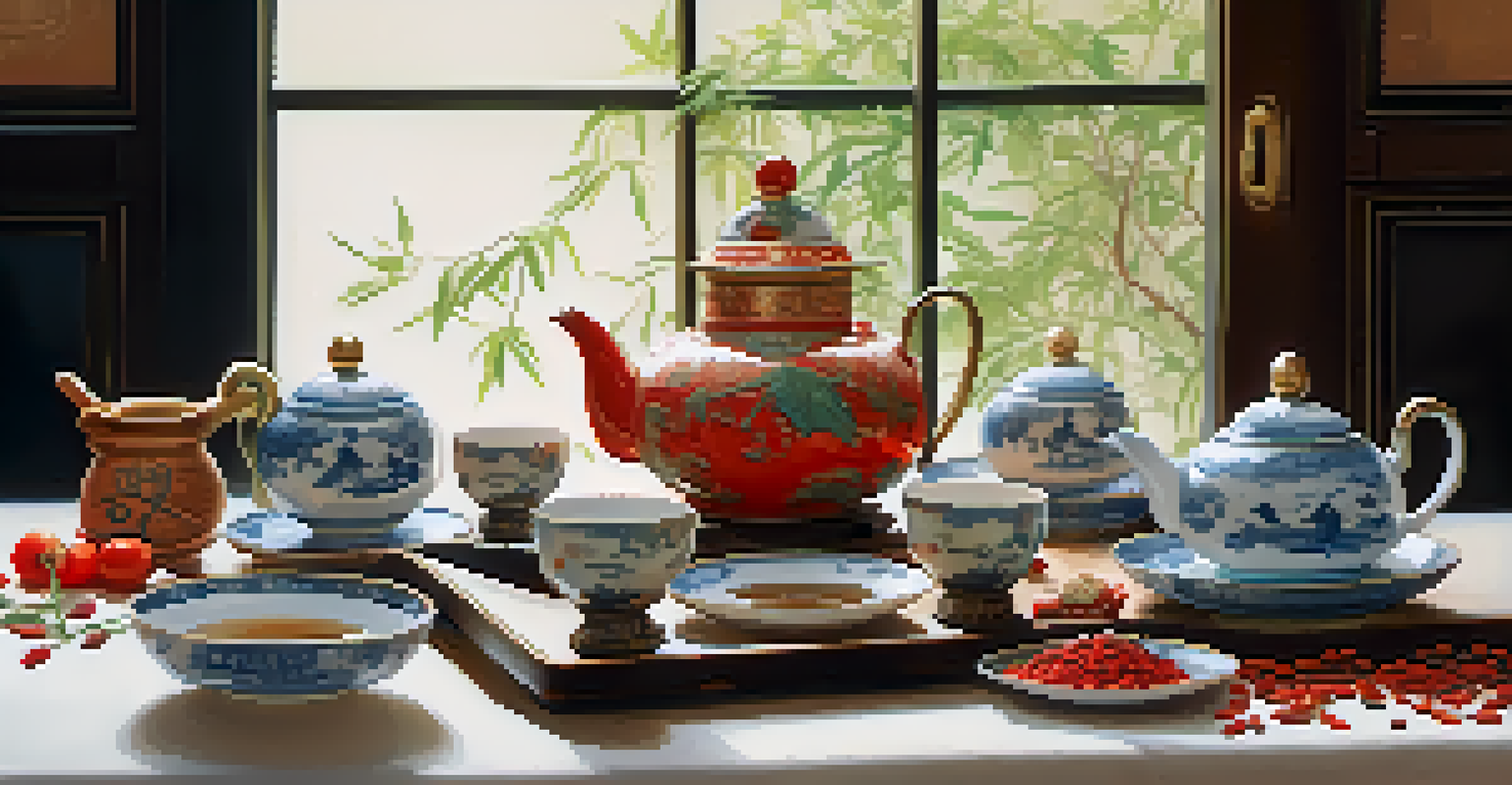 A traditional Chinese tea ceremony with a teapot and teacups, surrounded by fresh herbs like goji berries and ginseng, in a softly lit setting.
