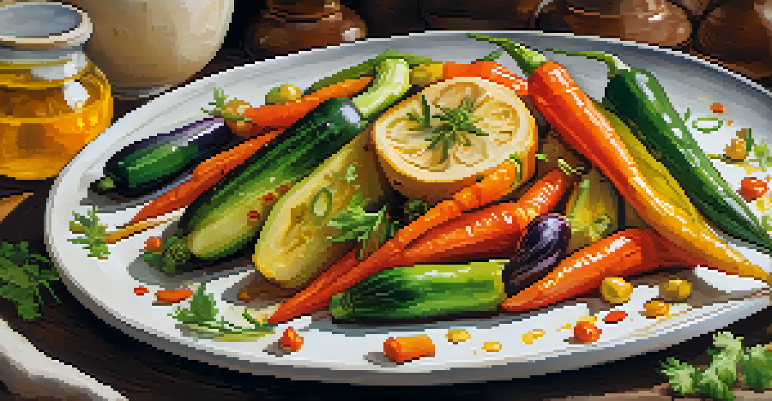 A plate of colorful roasted vegetables garnished with herbs, set against a soft background.