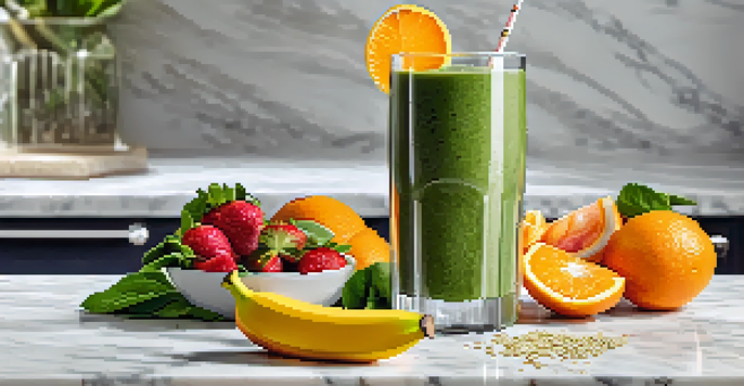 A green smoothie in a glass, garnished with fresh fruits, highlighting a nutritious drink that supports iron absorption.