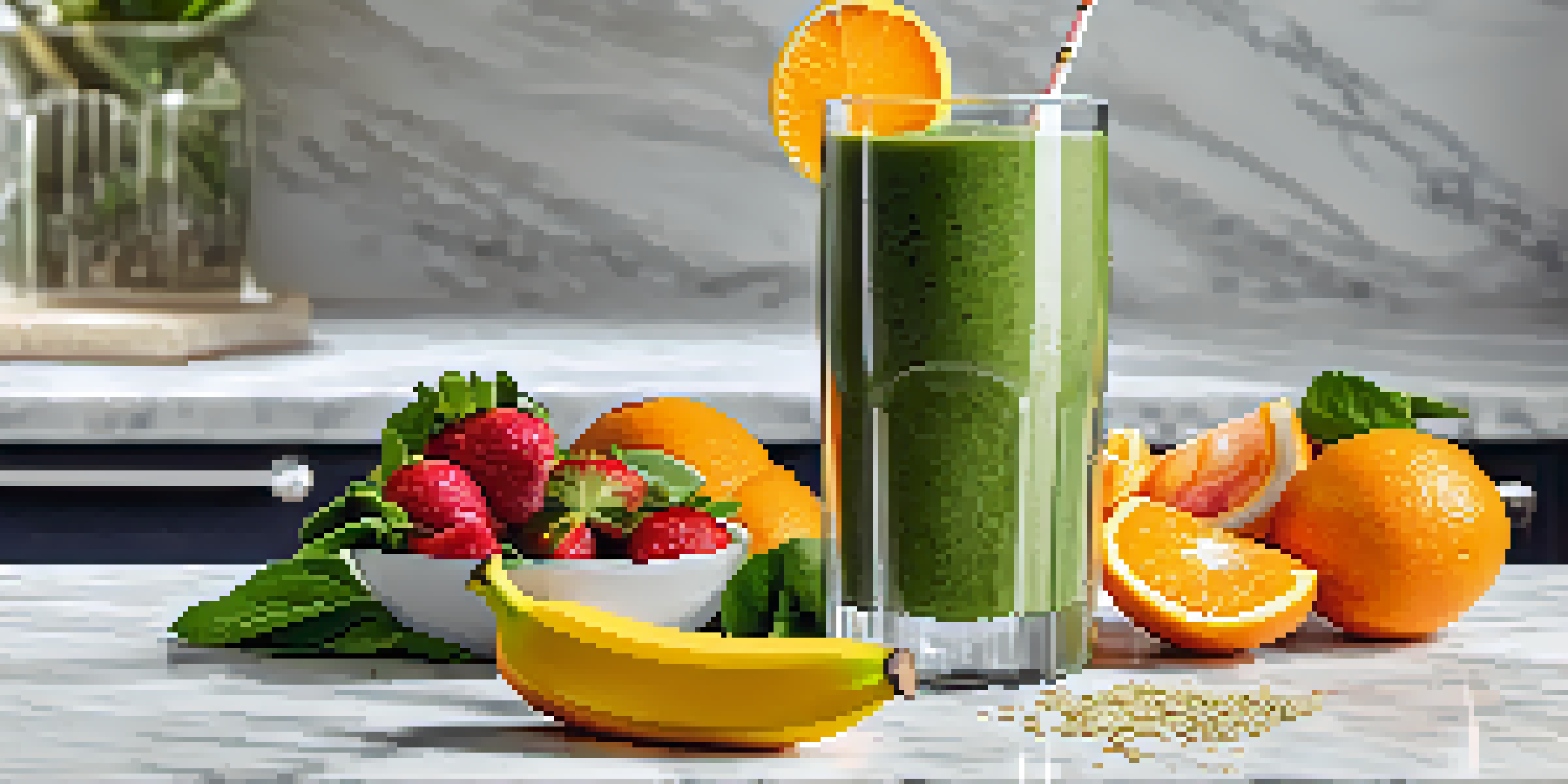 A green smoothie in a glass, garnished with fresh fruits, highlighting a nutritious drink that supports iron absorption.