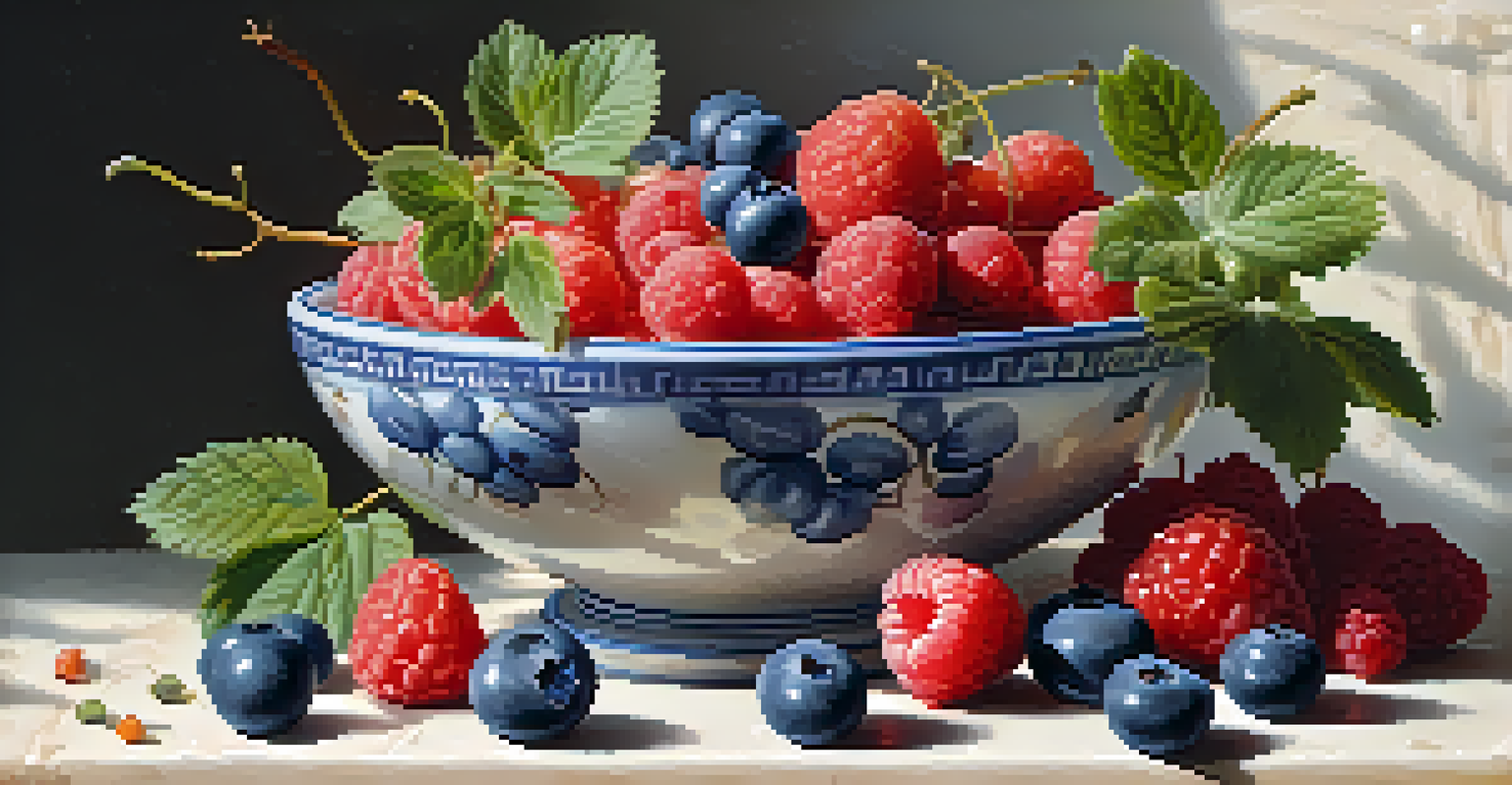 A ceramic bowl filled with a variety of fresh berries, placed on a marble surface with sunlight highlighting the arrangement.