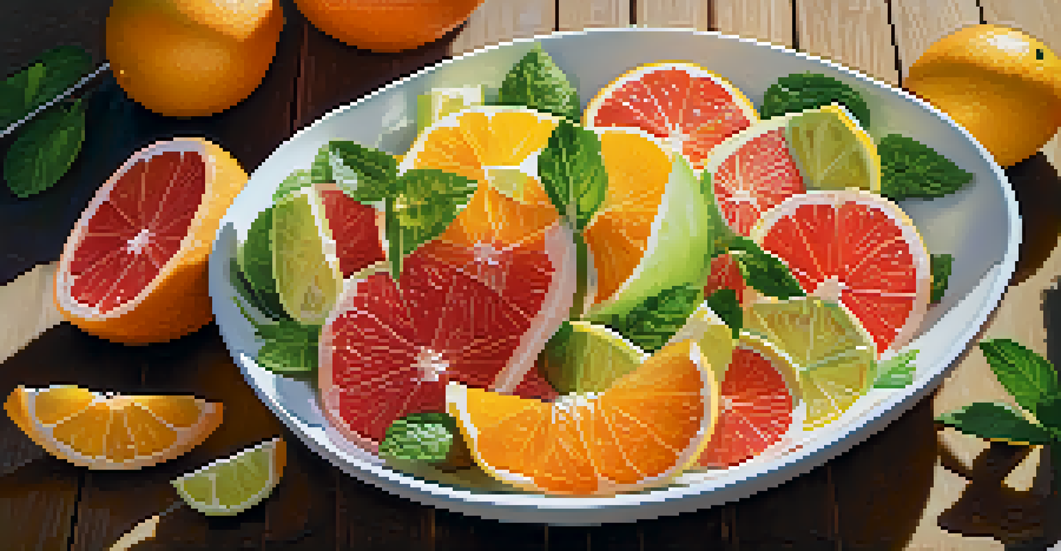 A vibrant citrus salad in a bowl, featuring grapefruit, oranges, lemon, and mint, on a wooden table.