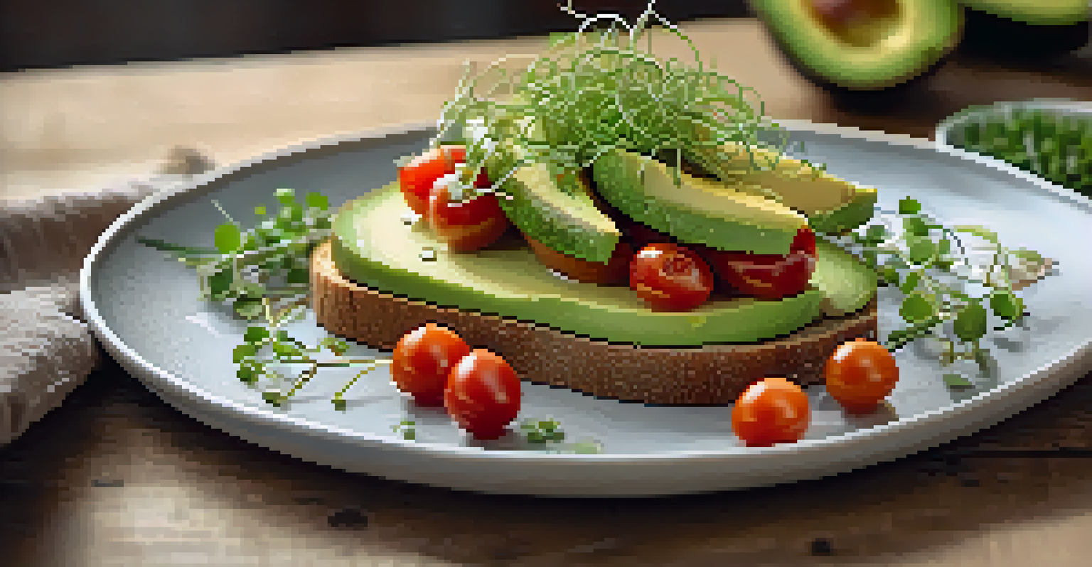 Sliced avocado on whole grain toast garnished with cherry tomatoes and microgreens, set against a softly blurred kitchen background.