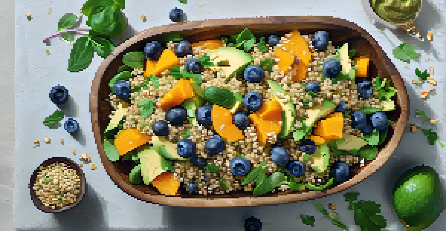 A colorful salad with quinoa and blueberries in a wooden bowl, topped with avocado dressing, shot from above.