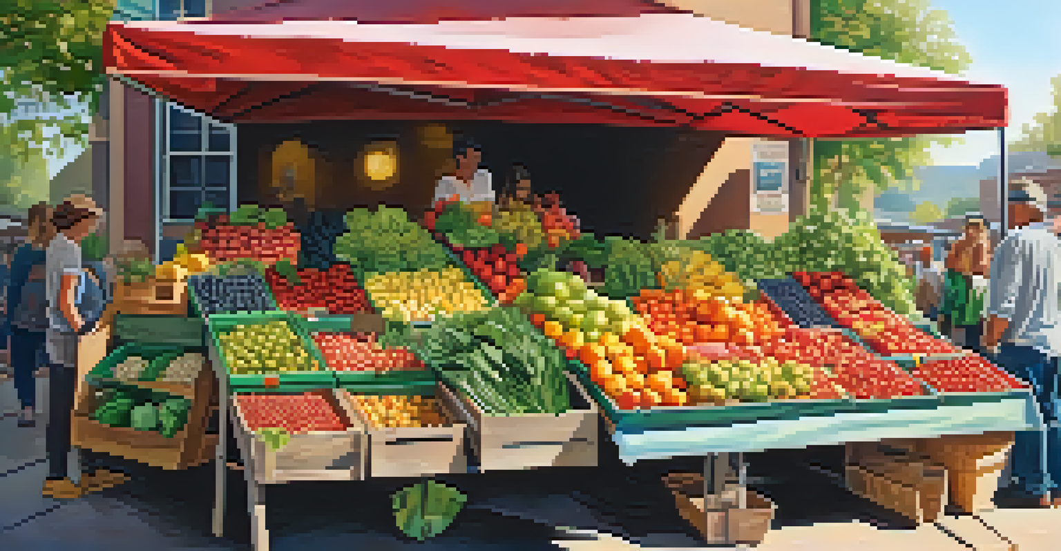 A farmer's market stall with fresh fruits, vegetables, and raw nuts under bright sunlight.