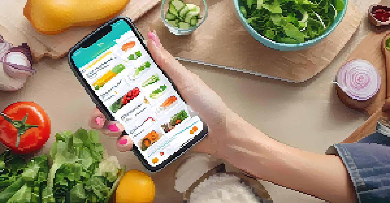 A close-up of a smartphone showing a raw food meal planning app with a shopping list and colorful recipes, while hands prepare fresh ingredients in the background.