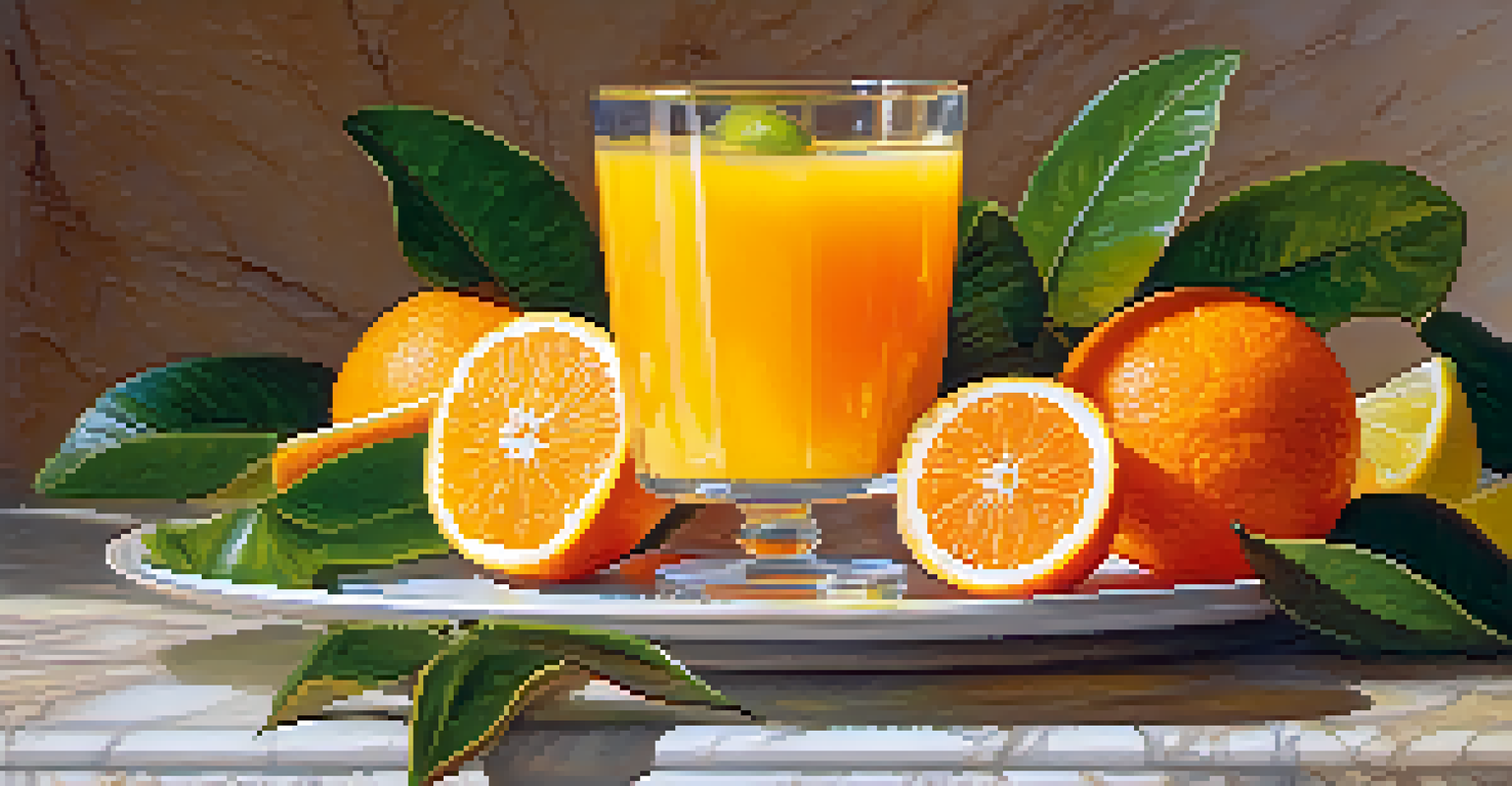 A glass of orange juice with a lemon slice on the rim, surrounded by various citrus fruits.