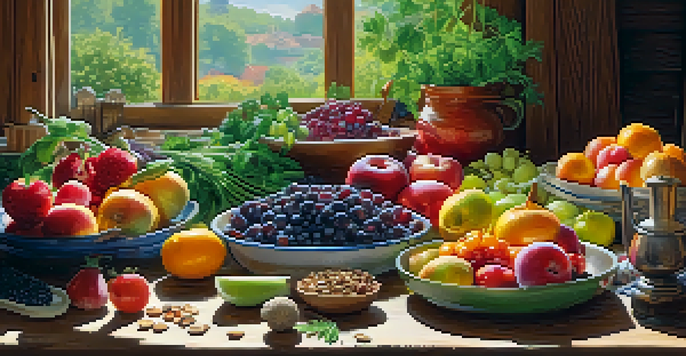 A colorful spread of raw food ingredients including fruits, vegetables, nuts, and seeds on a wooden table in a rustic kitchen.