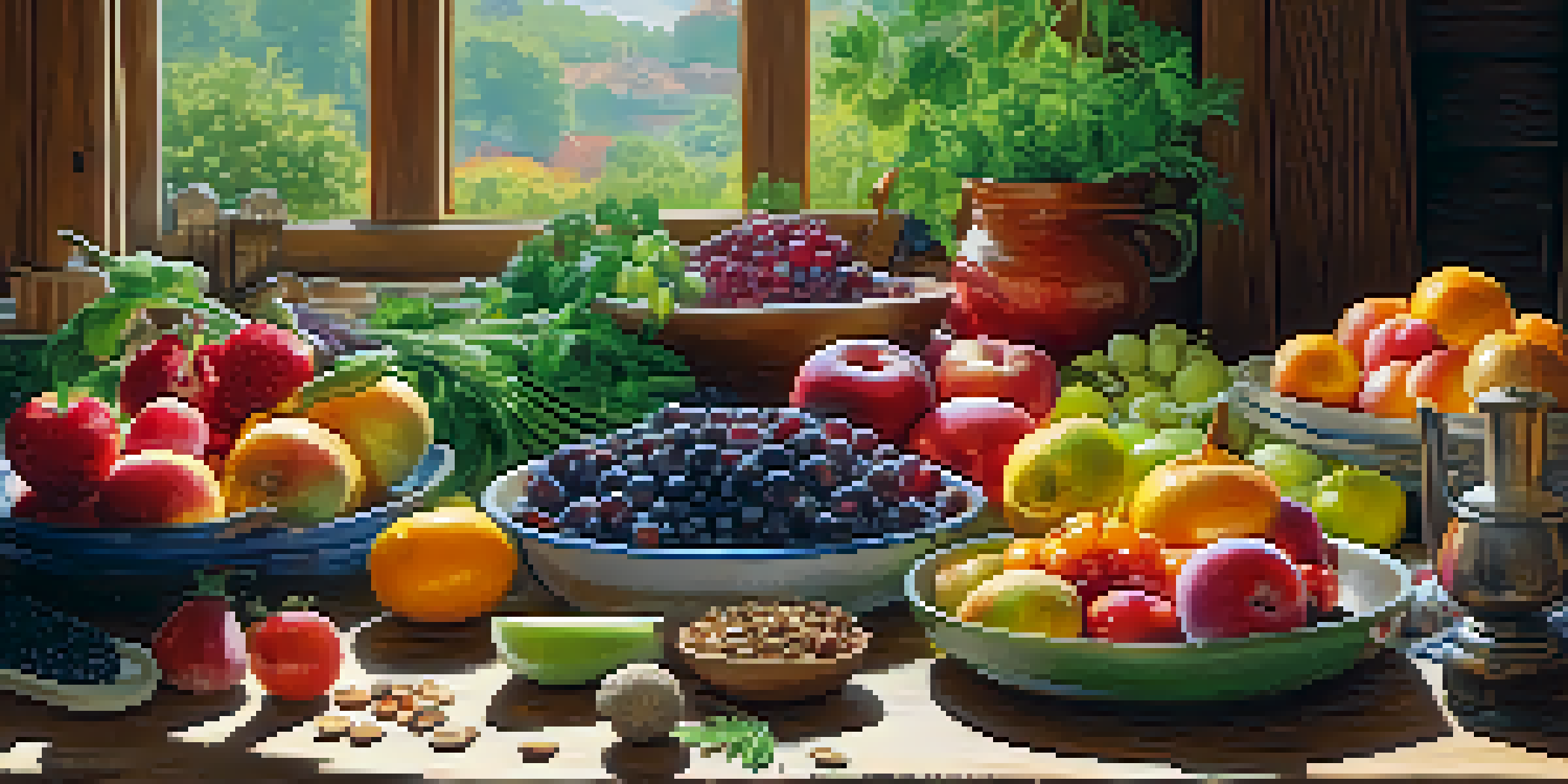 A colorful spread of raw food ingredients including fruits, vegetables, nuts, and seeds on a wooden table in a rustic kitchen.