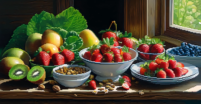 A colorful display of fresh fruits, leafy greens, nuts, and seeds on a wooden table, illuminated by natural light.