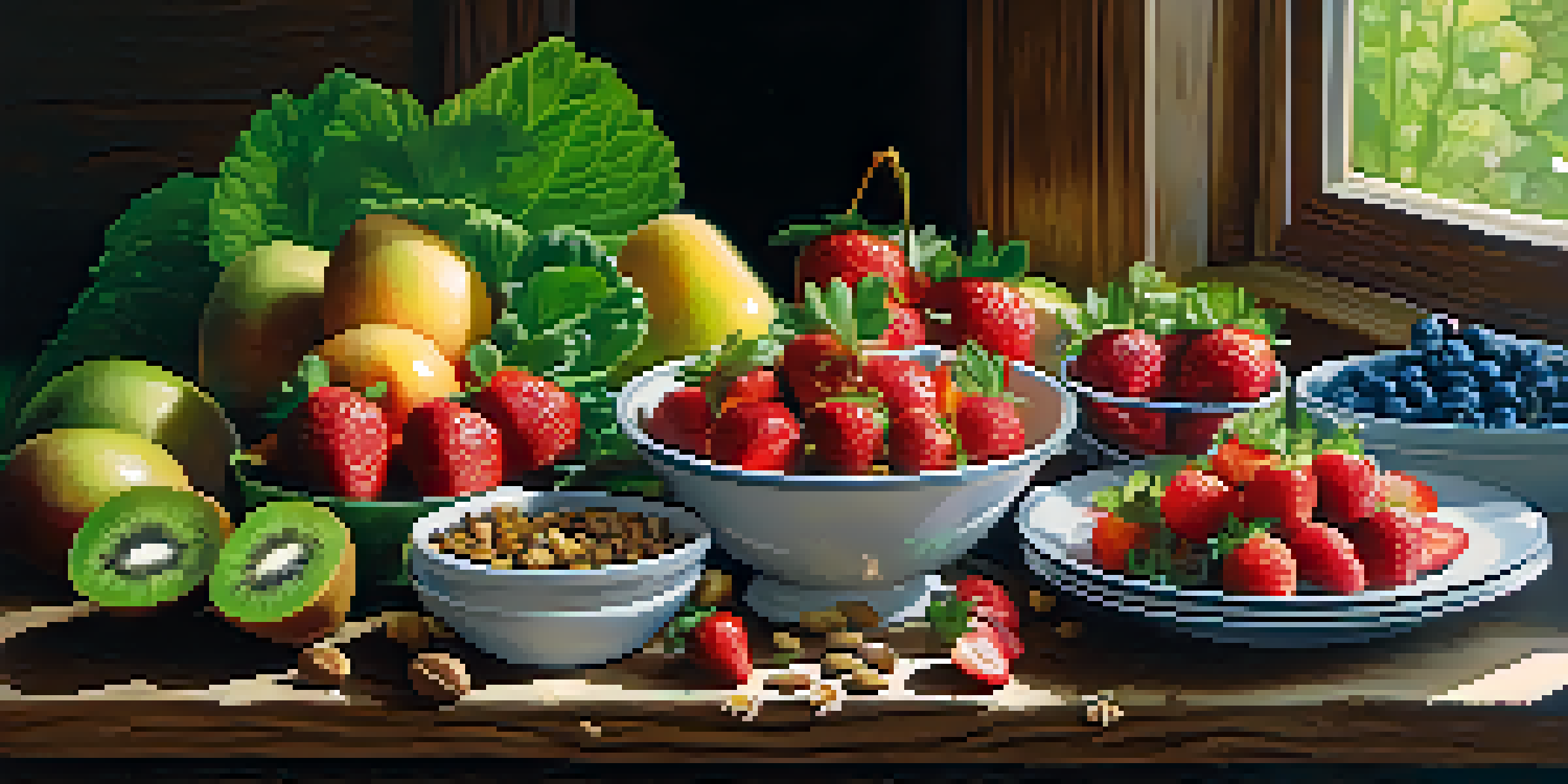 A colorful display of fresh fruits, leafy greens, nuts, and seeds on a wooden table, illuminated by natural light.