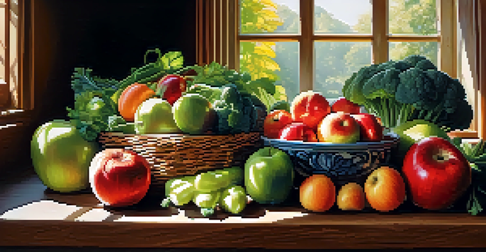 A variety of fresh fruits and vegetables displayed on a wooden table, illuminated by soft sunlight.