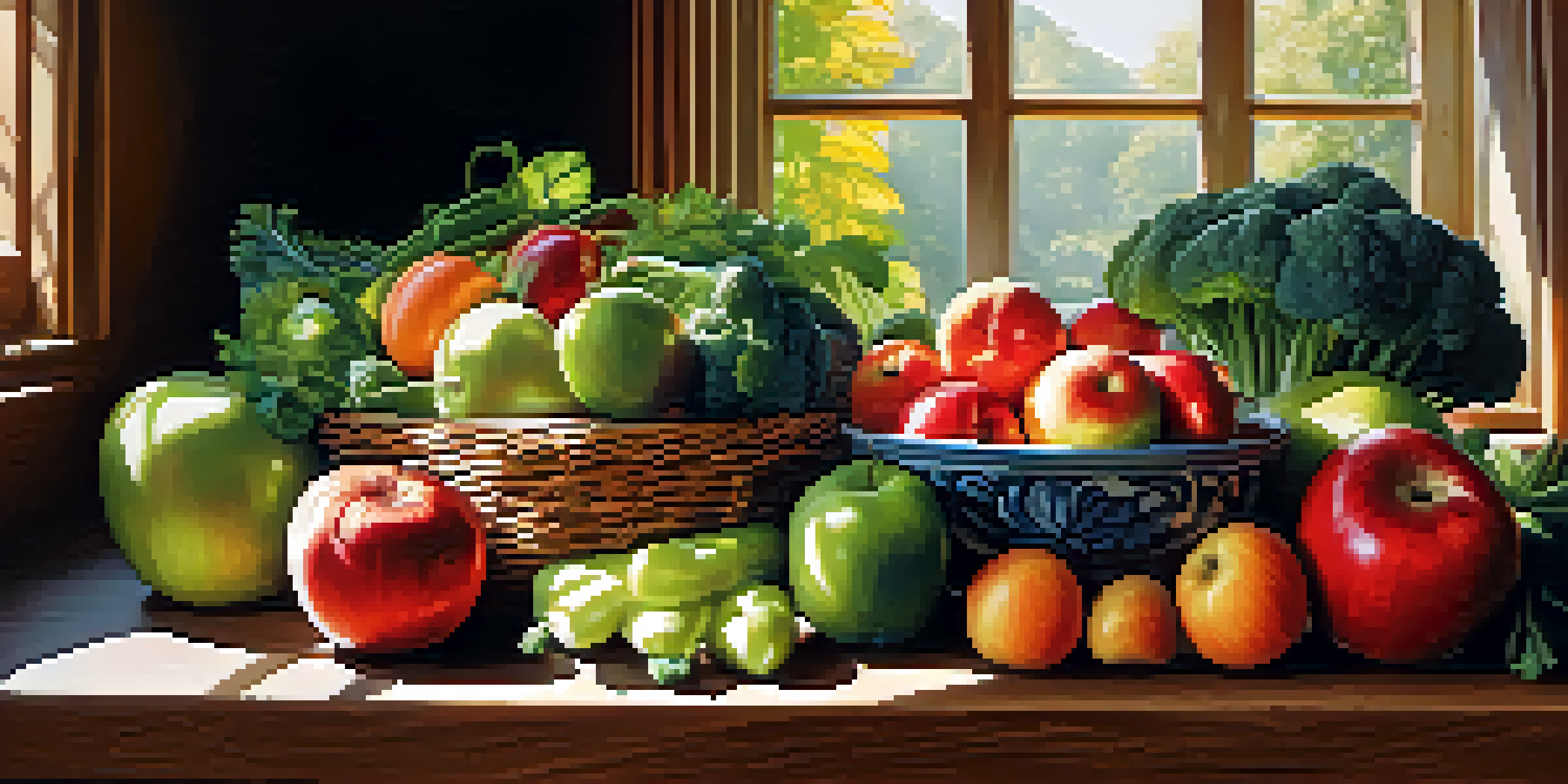 A variety of fresh fruits and vegetables displayed on a wooden table, illuminated by soft sunlight.