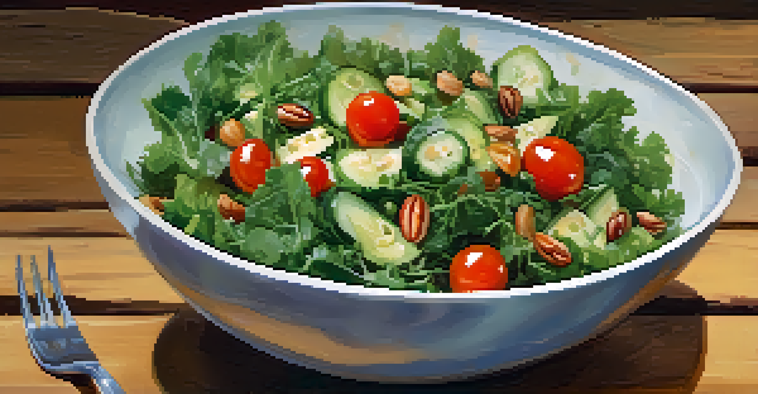 A bowl of mixed raw salad with vibrant vegetables and nuts, accompanied by jars of fermented foods in the background.