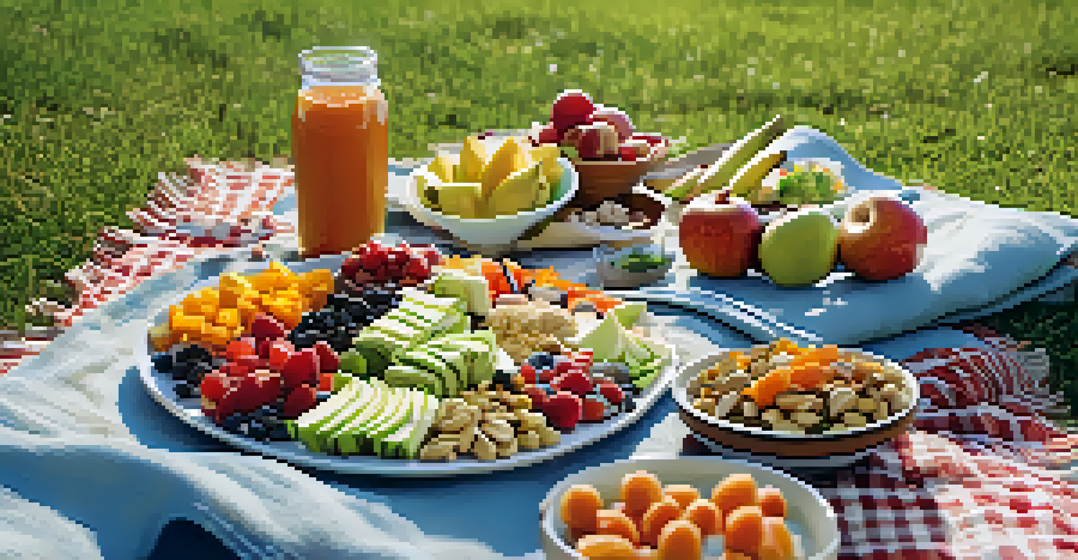 A picnic spread with raw veggie wraps, fruit salad, and nuts laid out on a blanket in a green outdoor setting.