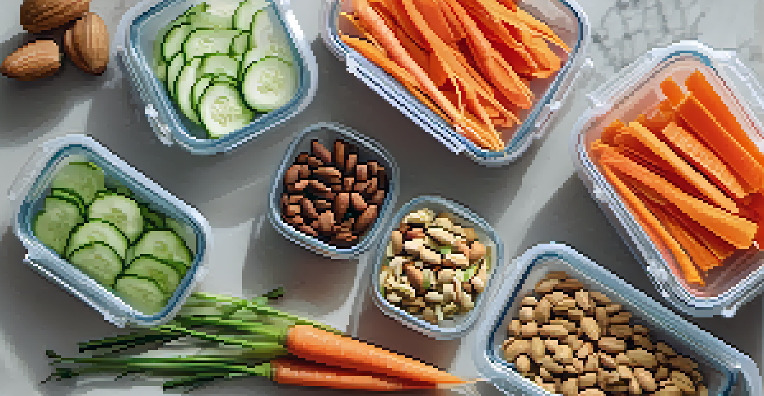 A meal prep scene with containers of colorful raw snacks on a kitchen counter, alongside a notebook and pen.