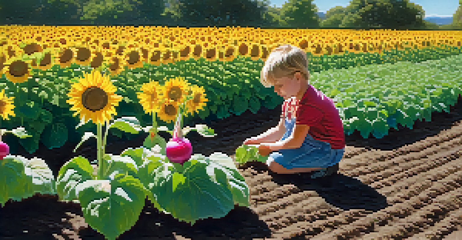 A vibrant garden filled with radishes and sunflowers, with a child observing a sunflower closely in soft sunlight.
