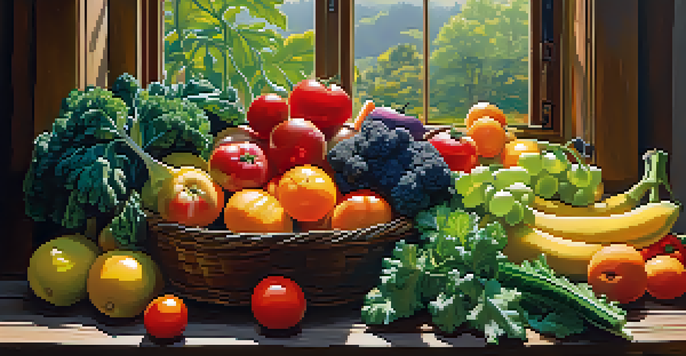 An assortment of fresh raw fruits and vegetables on a wooden table, featuring tomatoes, kale, bananas, and carrots under soft morning light.