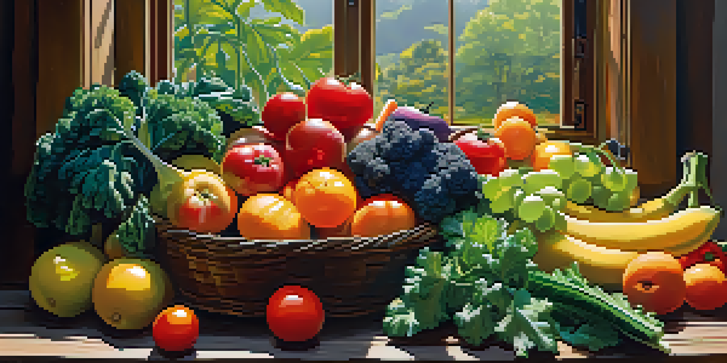 An assortment of fresh raw fruits and vegetables on a wooden table, featuring tomatoes, kale, bananas, and carrots under soft morning light.