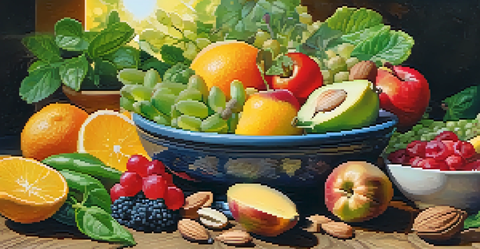 A colorful assortment of raw fruits, vegetables, nuts, and seeds arranged beautifully on a wooden table with sunlight filtering through leaves.