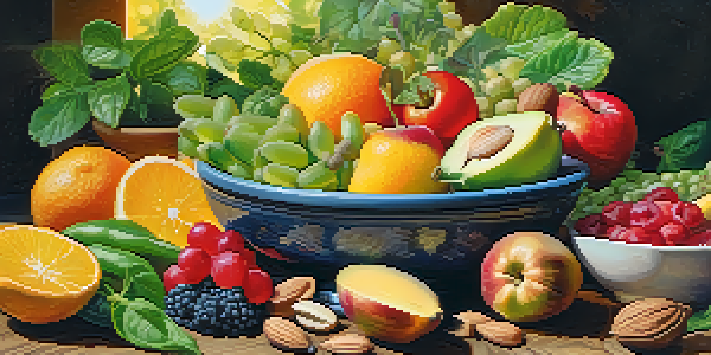 A colorful assortment of raw fruits, vegetables, nuts, and seeds arranged beautifully on a wooden table with sunlight filtering through leaves.