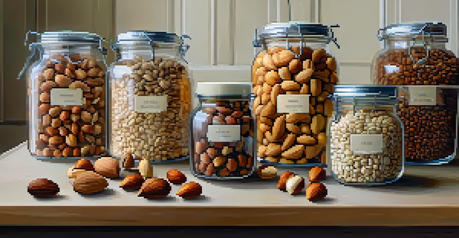 A collection of nuts and seeds in glass jars on a kitchen counter, with a bowl of mixed nuts in front.