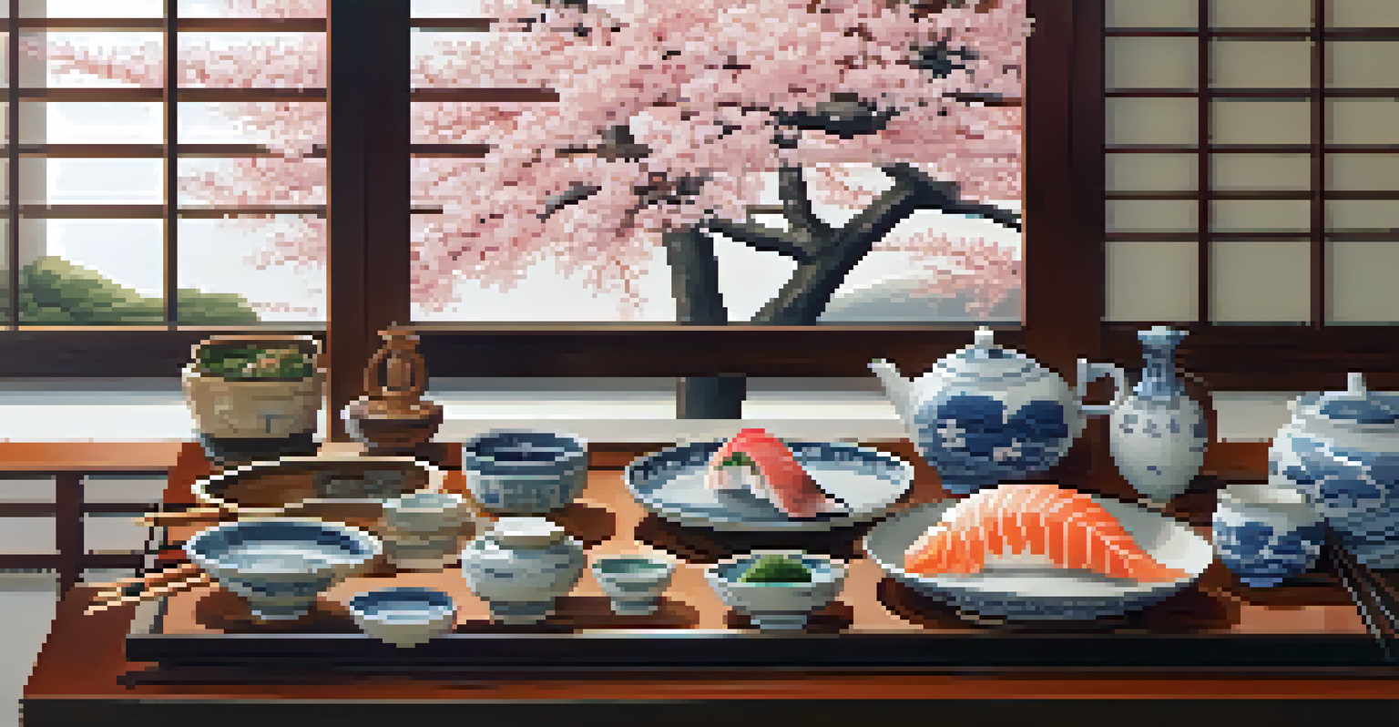 A Japanese dining table set with sashimi and sushi, decorated with ceramics and cherry blossoms under warm lighting.