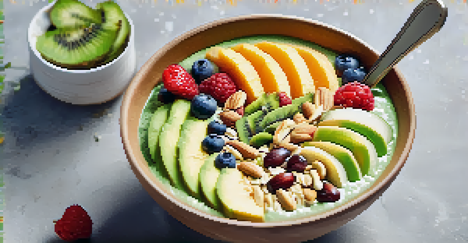 A close-up of a smoothie bowl topped with fruits and nuts, with green plants in the background.