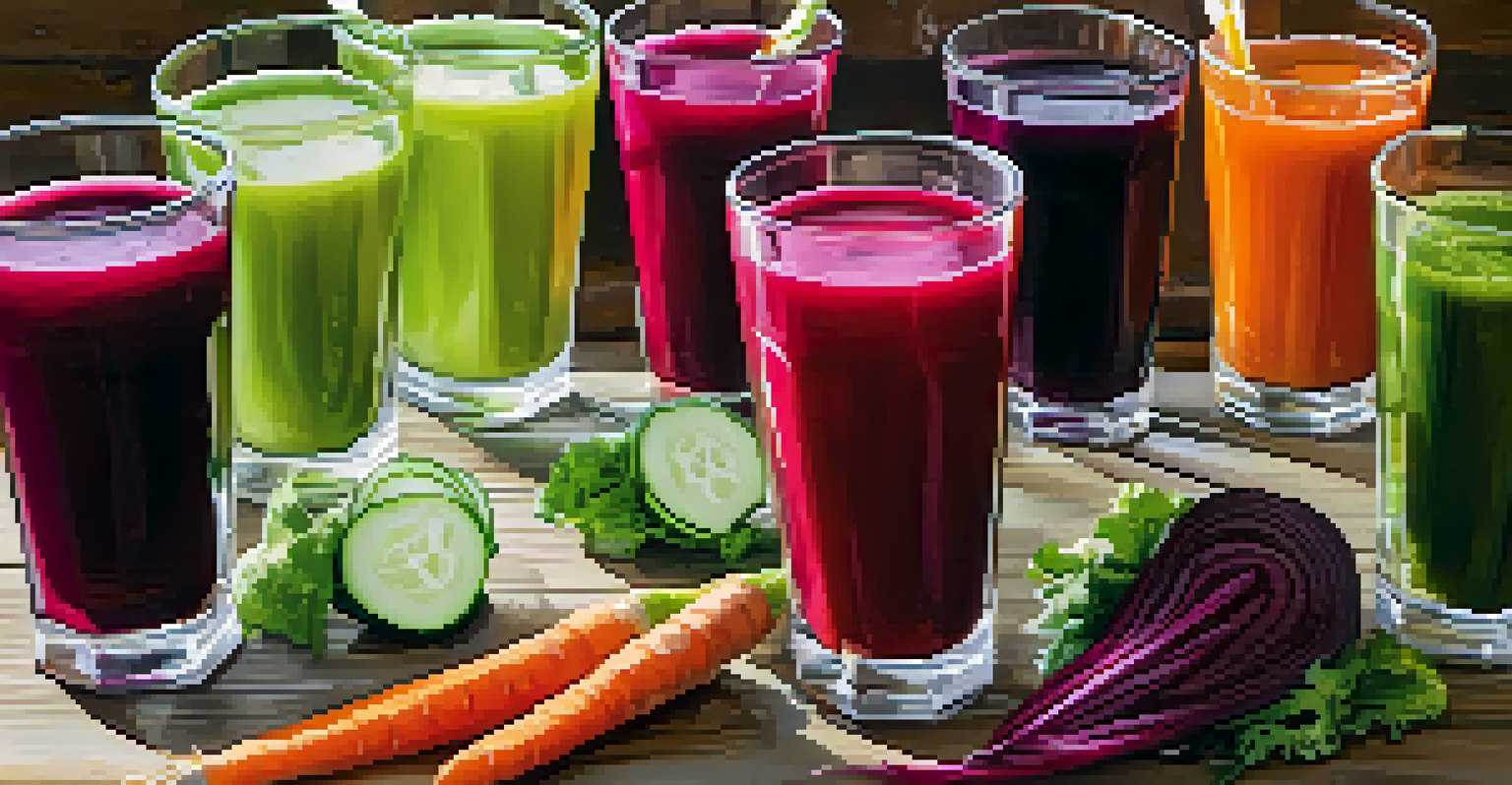 An overhead view of colorful vegetable juices in glasses, including beet, carrot, and cucumber, with fresh vegetables on a rustic wooden table.