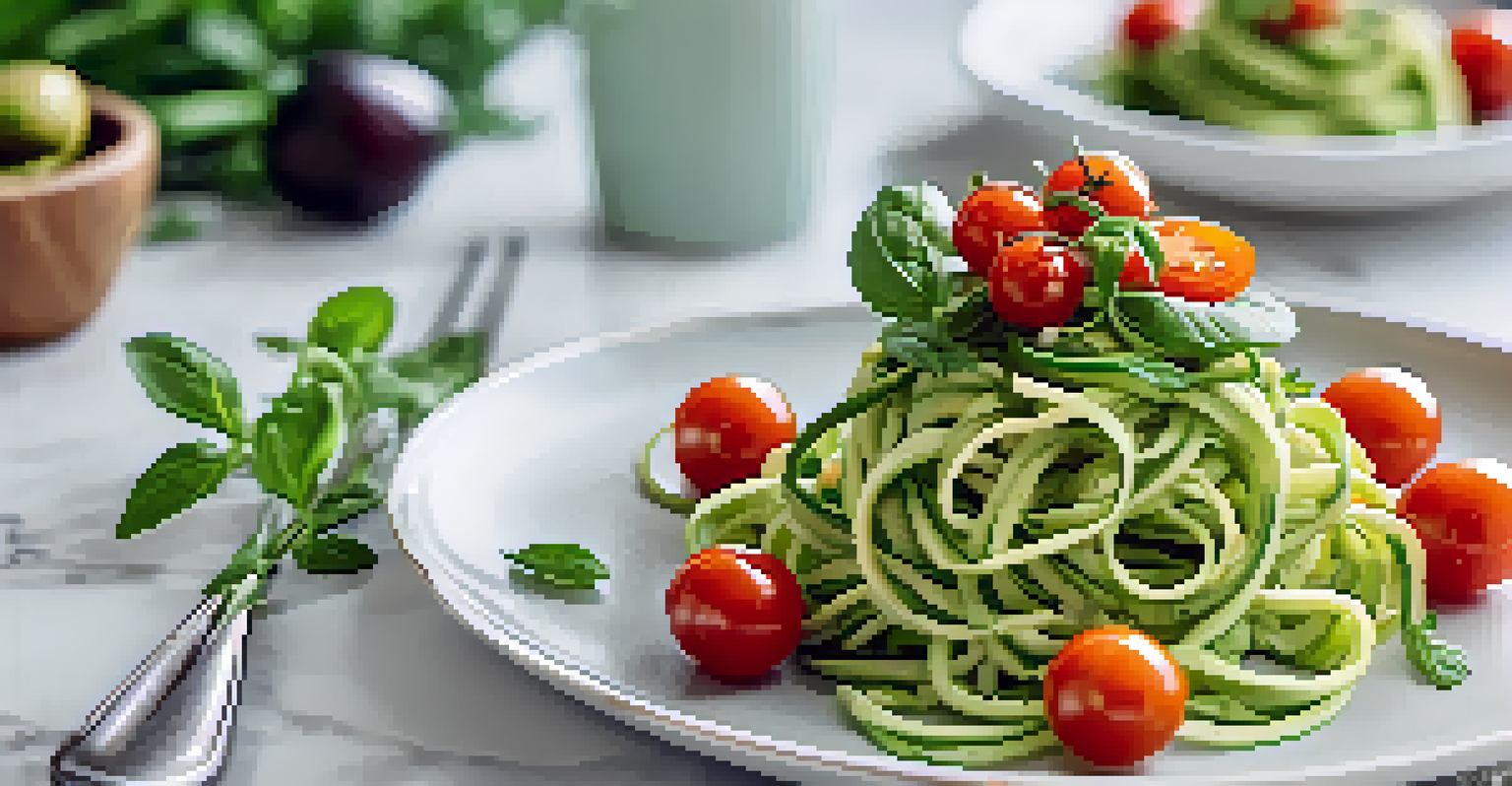 A close-up of spiralized zucchini noodles with avocado sauce, cherry tomatoes, and basil on a marble countertop, with a fork and flowers in the background.