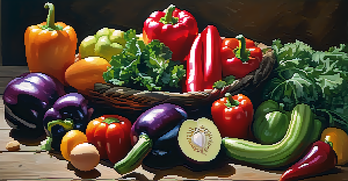 A circular arrangement of various organic fruits and vegetables on a wooden table, showcasing bright colors and fresh textures under soft natural light.