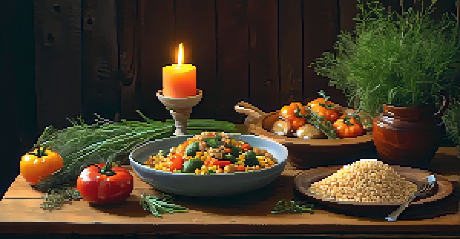 A cozy dining scene with a beautifully plated dish of cooked vegetables and grains, enhanced by warm candlelight and a rustic table setting.