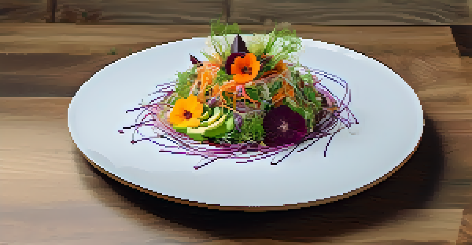 A close-up of a colorful raw food salad artfully arranged on a textured ceramic plate.