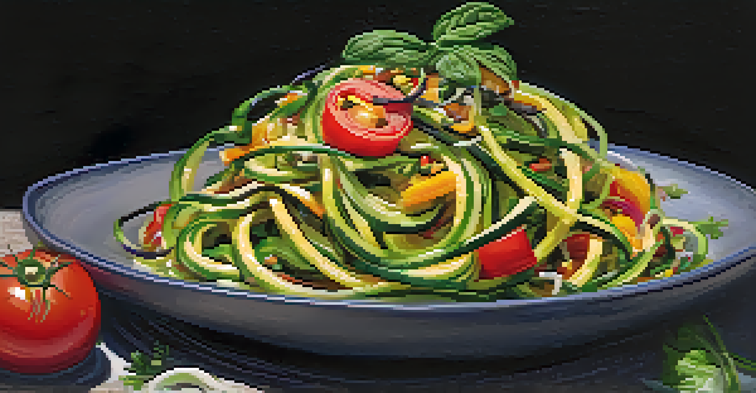 A close-up of a raw food dish featuring zoodles with colorful vegetables and seeds on a rustic plate.