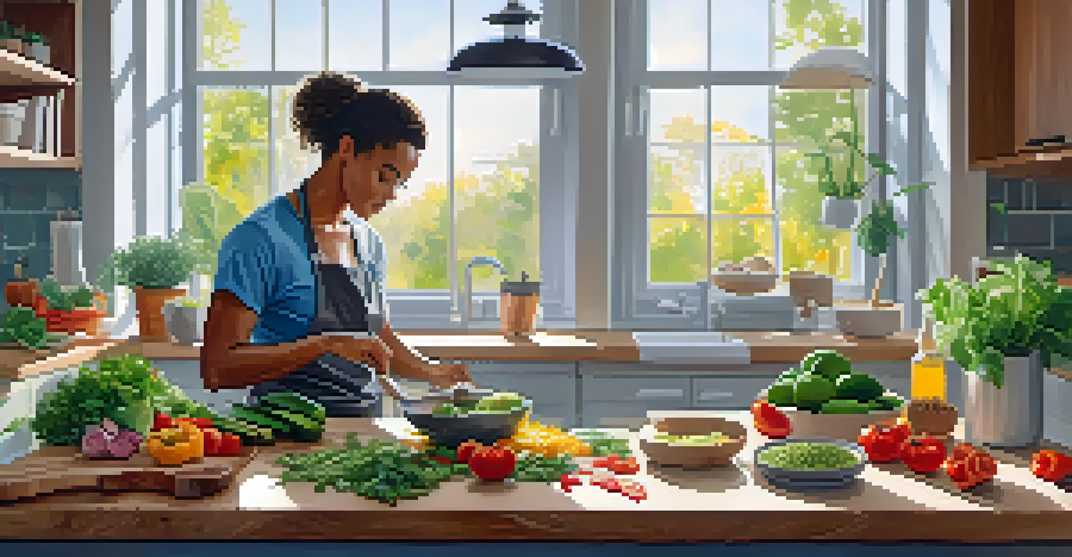 An athlete in a modern kitchen preparing a vibrant raw salad, surrounded by fresh ingredients and natural light.