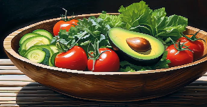 A colorful salad bowl with fresh raw vegetables including cucumbers, cherry tomatoes, and avocado, on a rustic wooden table under natural light.
