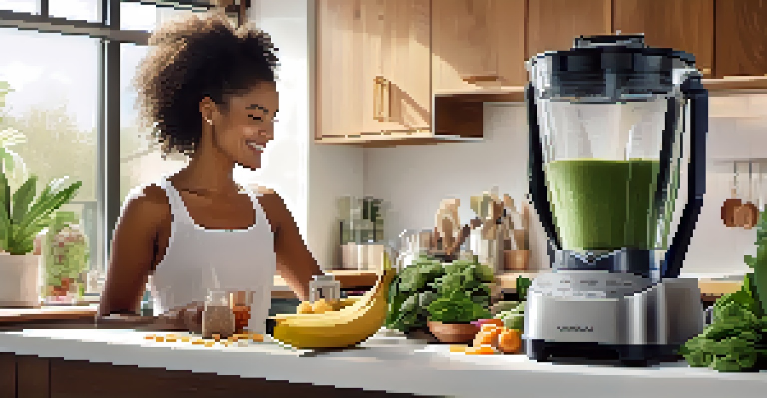 A person blending a superfood smoothie with fresh ingredients in a modern kitchen, showcasing a healthy lifestyle.