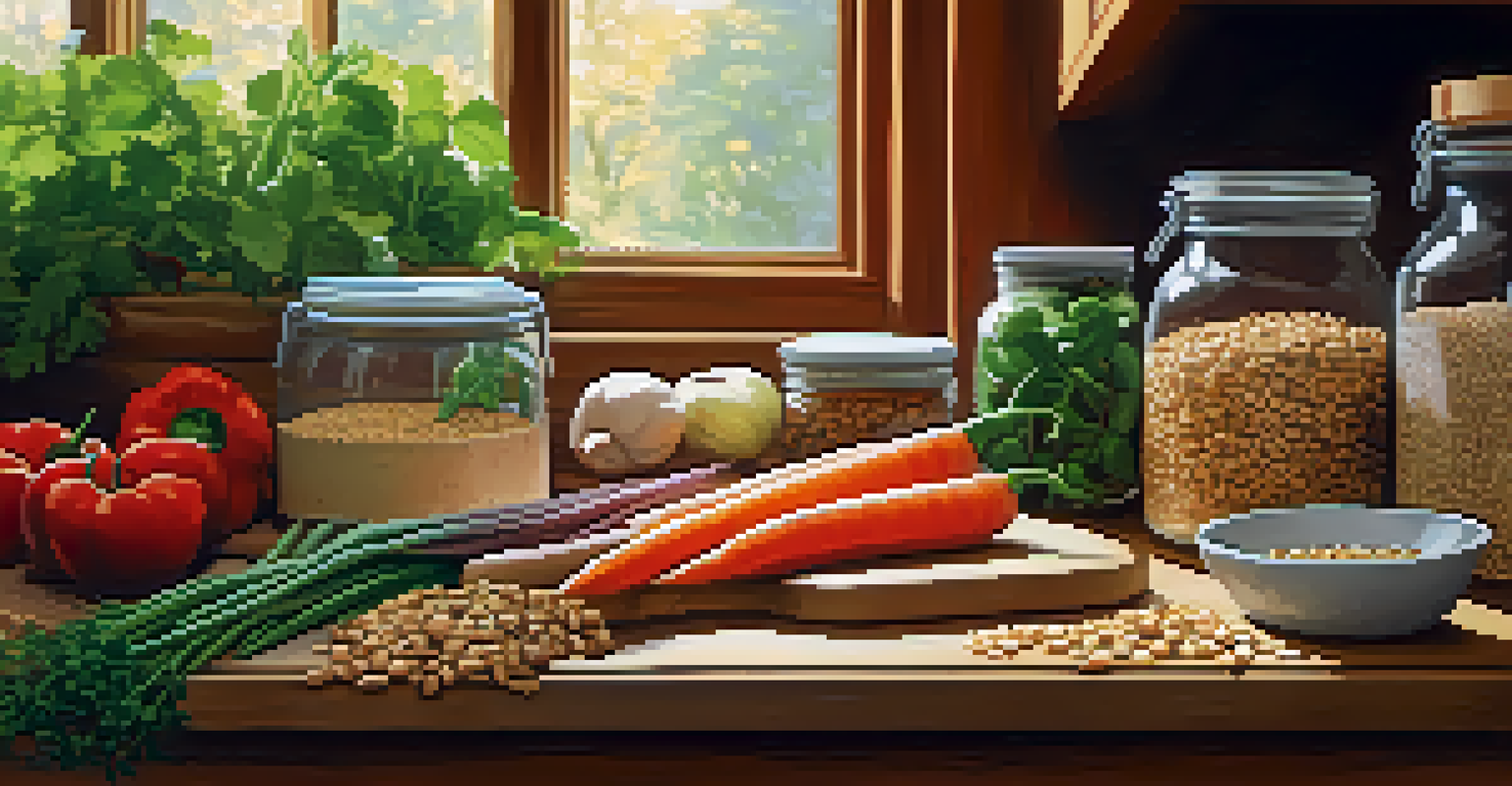 A kitchen countertop with raw food ingredients, including nuts, seeds, and vegetables, illuminated by warm ambient lighting.