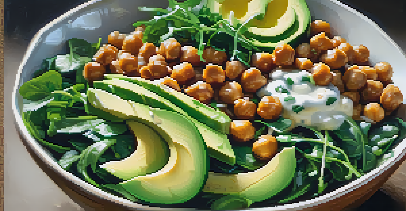 A spicy chickpea and avocado bowl with arugula, spinach, and tahini dressing, presented on a rustic table.