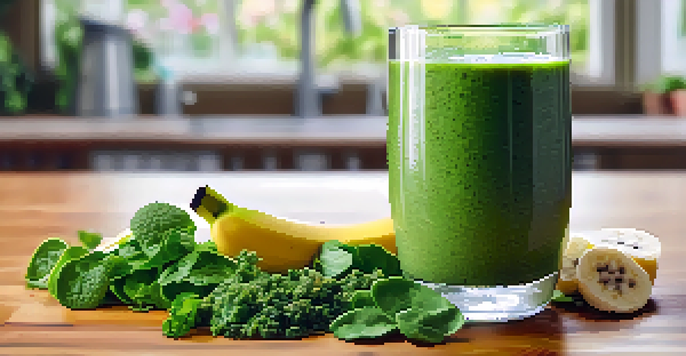 A bright green smoothie in a glass, surrounded by fresh ingredients like spinach, kale, and banana, in a sunny kitchen.
