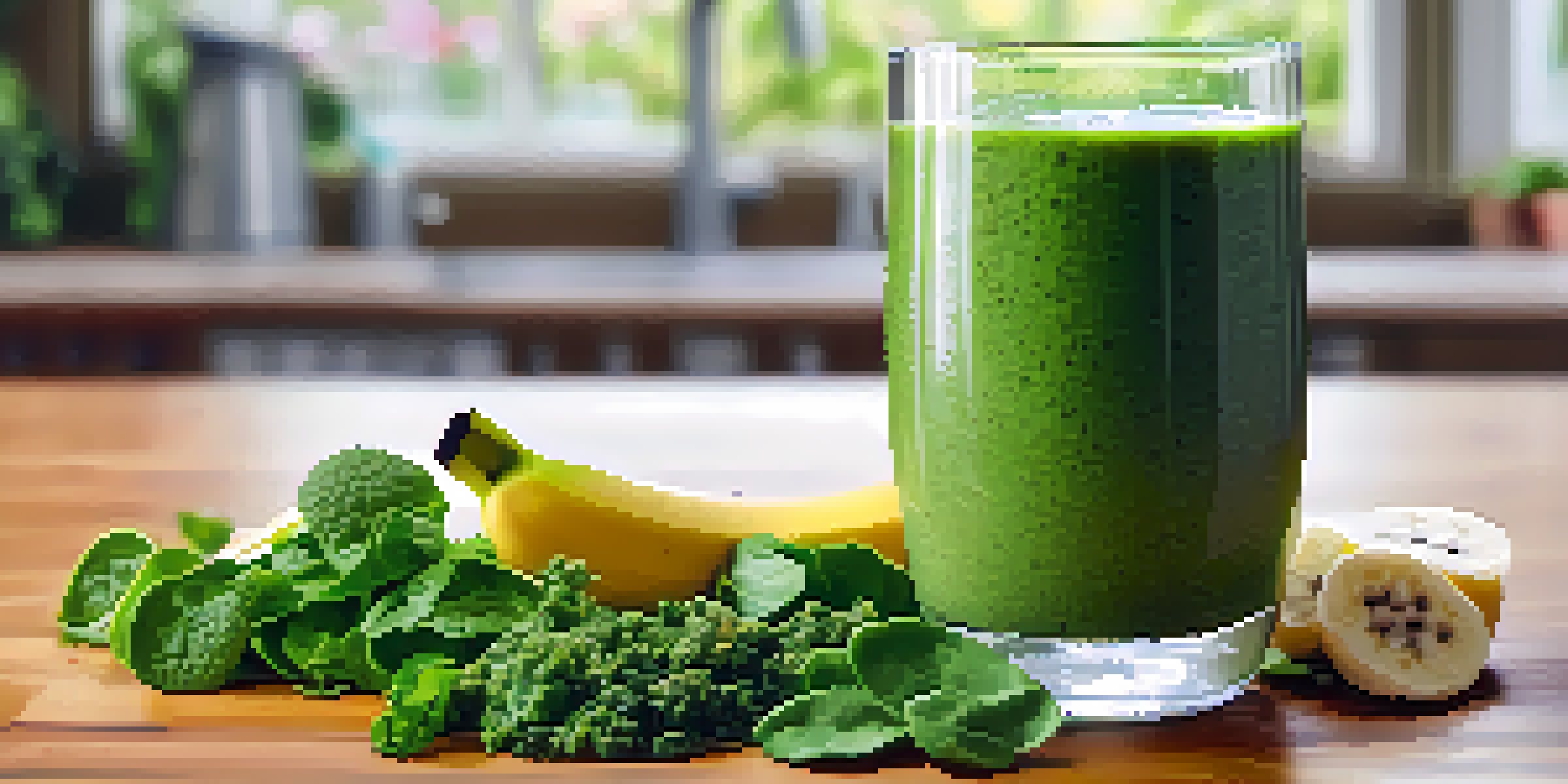 A bright green smoothie in a glass, surrounded by fresh ingredients like spinach, kale, and banana, in a sunny kitchen.