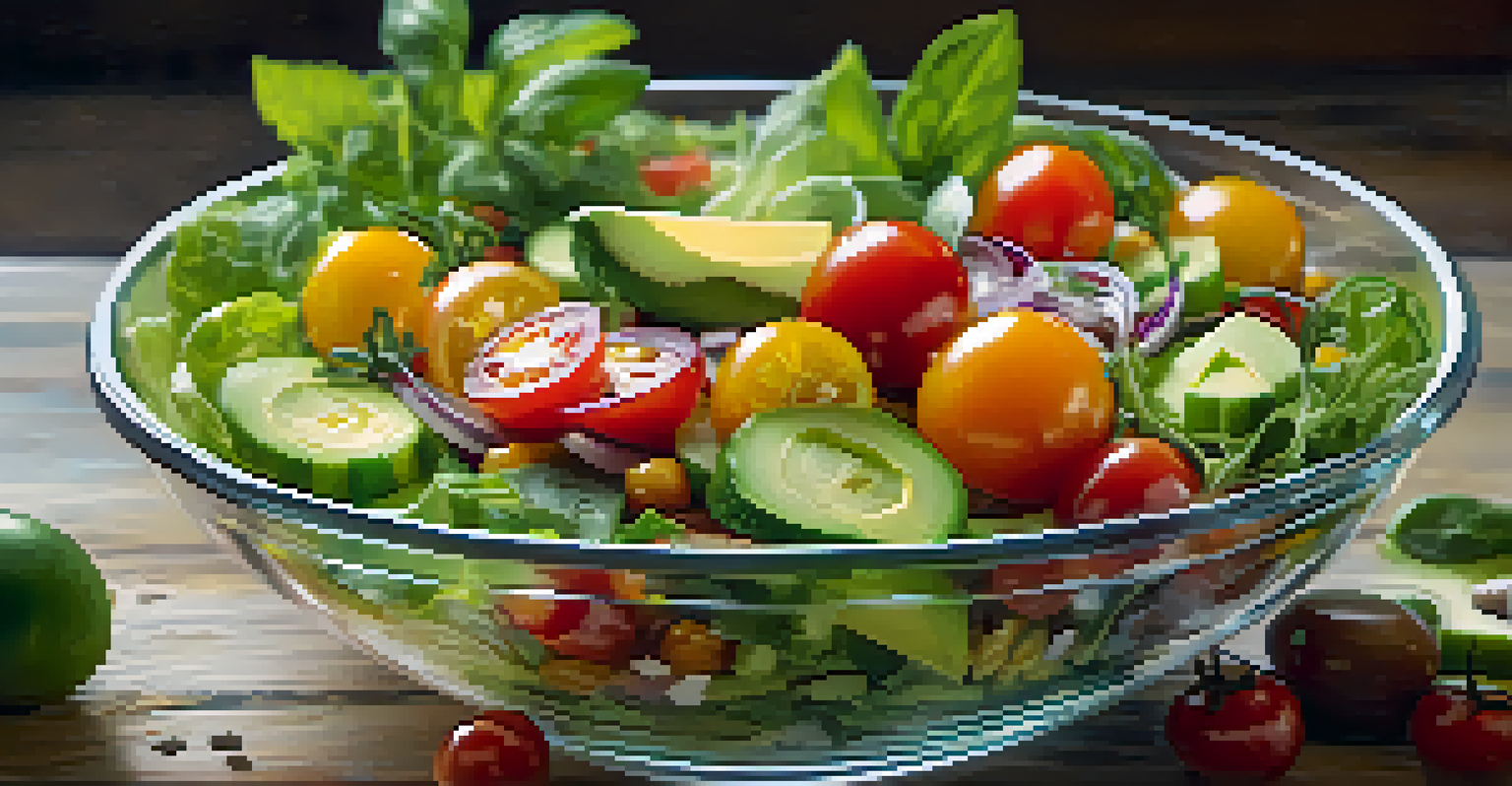 A clear glass bowl filled with a colorful raw food salad, surrounded by fresh herbs and olive oil on a rustic table.