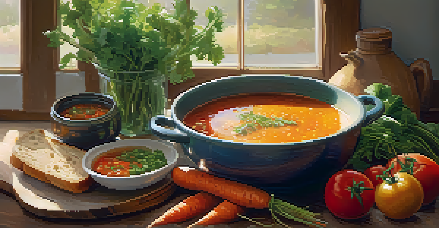 A bowl of hearty vegetable soup filled with colorful vegetables, placed on a wooden countertop with sunlight illuminating the scene, alongside a loaf of bread.