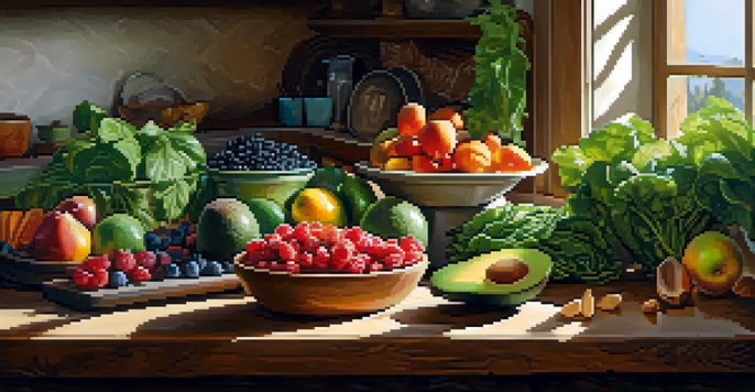 A bright kitchen with a variety of fresh raw foods including greens, berries, and nuts on a countertop, illuminated by sunlight.
