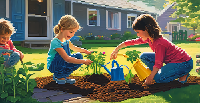 A family of four enjoying gardening together, with kids actively planting flowers and vegetables in a sunny backyard.