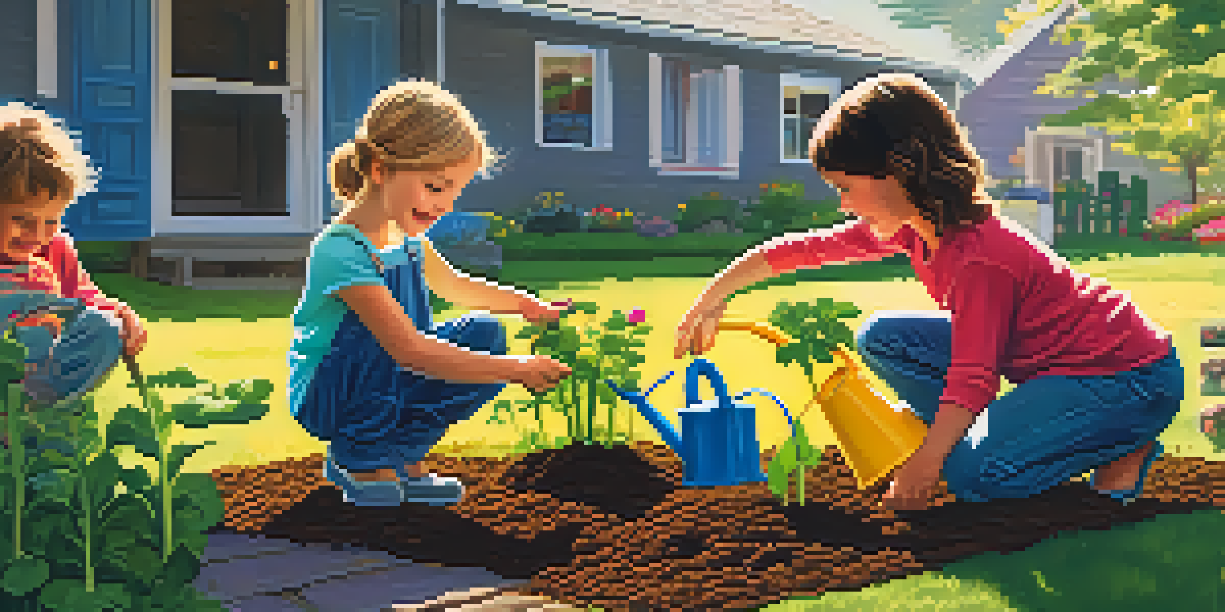 A family of four enjoying gardening together, with kids actively planting flowers and vegetables in a sunny backyard.